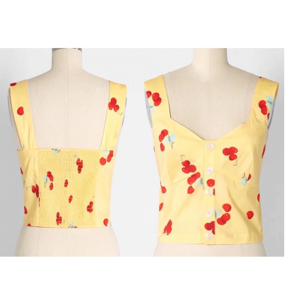 ModCloth Little Darling Tank Top Vest Yellow Cherry Print Cotton Smocked Back M